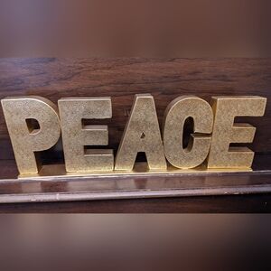 Vtg PEACE Letter Shelf Sitter Sign Christmas Decor Gold Metal Textured